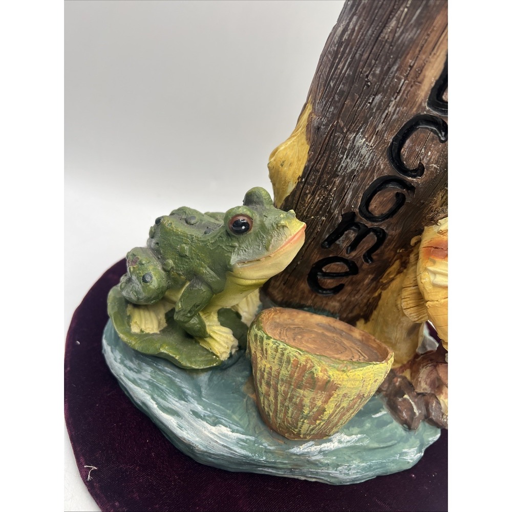 Frog Garden Statue Resin Welcome Sign Tall 16" Toadstools Logs Stacked Outdoor - Picture 6 of 10